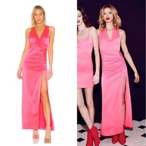 Alice + Olivia Diana Ruched Neon Pink Satin-Crepe Gown Maxi Wedding Cocktail